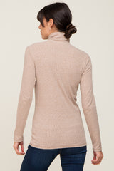 Mocha Heathered Ribbed Mock Neck Long Sleeve Top