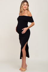 Black Ribbed Off Shoulder Maternity Midi Dress