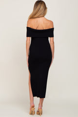 Black Ribbed Off Shoulder Maternity Midi Dress