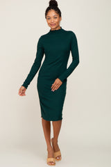 Forest Green Ribbed Mock Neck Lettuce Trim Midi Dress