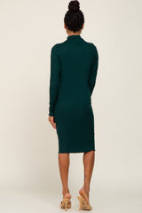 Forest Green Ribbed Mock Neck Lettuce Trim Midi Dress