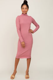 Mauve Ribbed Mock Neck Lettuce Trim Midi Dress