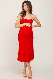 Red Ribbed A-Line Maternity Midi Dress