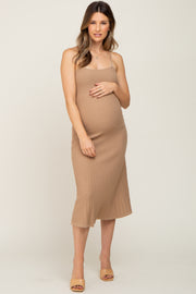 Taupe Ribbed A-Line Maternity Midi Dress