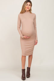 Taupe Ribbed Mock Neck Lettuce Trim Maternity Midi Dress