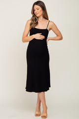 Black Ribbed A-Line Maternity Midi Dress