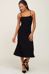 Black Ribbed A-Line Maternity Midi Dress