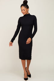 Black Ribbed Mock Neck Lettuce Trim Midi Dress