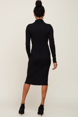 Black Ribbed Mock Neck Lettuce Trim Midi Dress