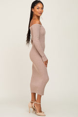 Taupe Ribbed Off Shoulder Long Sleeve Midi Dress