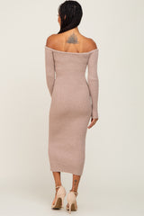 Taupe Ribbed Off Shoulder Long Sleeve Midi Dress