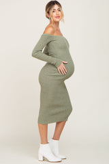 Sage Ribbed Off Shoulder Long Sleeve Maternity Midi Dress