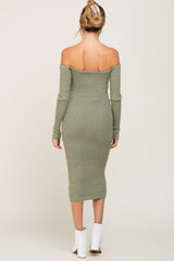 Sage Ribbed Off Shoulder Long Sleeve Maternity Midi Dress