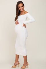 White Ribbed Off Shoulder Long Sleeve Maternity Midi Dress