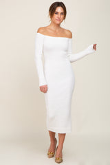 White Ribbed Off Shoulder Long Sleeve Maternity Midi Dress