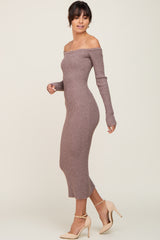 Brown Ribbed Off Shoulder Long Sleeve Midi Dress