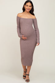 Brown Ribbed Off Shoulder Long Sleeve Maternity Midi Dress