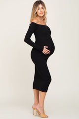 Black Ribbed Off Shoulder Long Sleeve Maternity Midi Dress