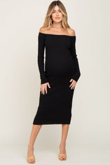 Black Ribbed Off Shoulder Long Sleeve Maternity Midi Dress