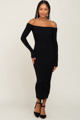 Black Ribbed Off Shoulder Long Sleeve Maternity Midi Dress