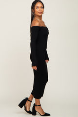 Black Ribbed Off Shoulder Long Sleeve Midi Dress