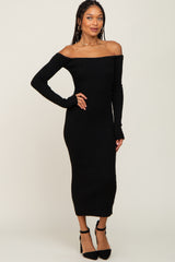 Black Ribbed Off Shoulder Long Sleeve Midi Dress