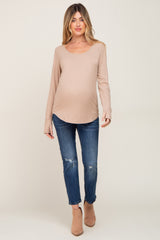 Taupe Ribbed Round Hem Maternity Top