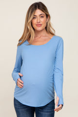 Light Blue Ribbed Round Hem Maternity Top