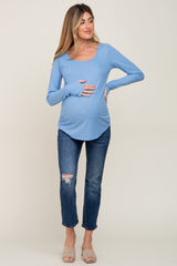 Light Blue Ribbed Round Hem Maternity Top