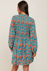 Teal Floral Smocked Long Sleeve Maternity Dress