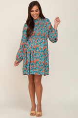 Teal Floral Smocked Long Sleeve Maternity Dress