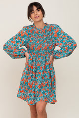 Teal Floral Smocked Long Sleeve Dress