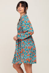 Teal Floral Smocked Long Sleeve Dress