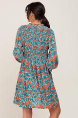 Teal Floral Smocked Long Sleeve Dress