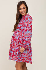 Burgundy Floral Smocked Long Sleeve Maternity Dress