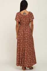 Rust Floral Cinched Midi Dress