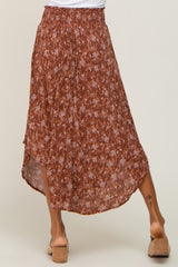 Rust Floral Print Midi Skirt