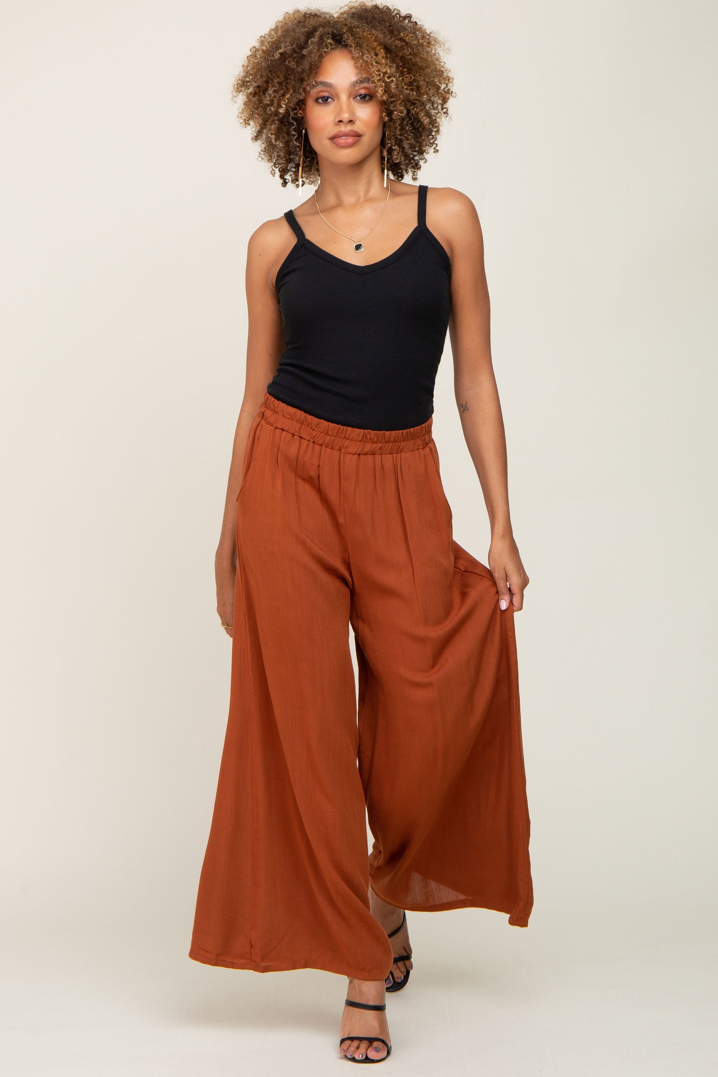 Camel Wide Leg Cropped Maternity Pants