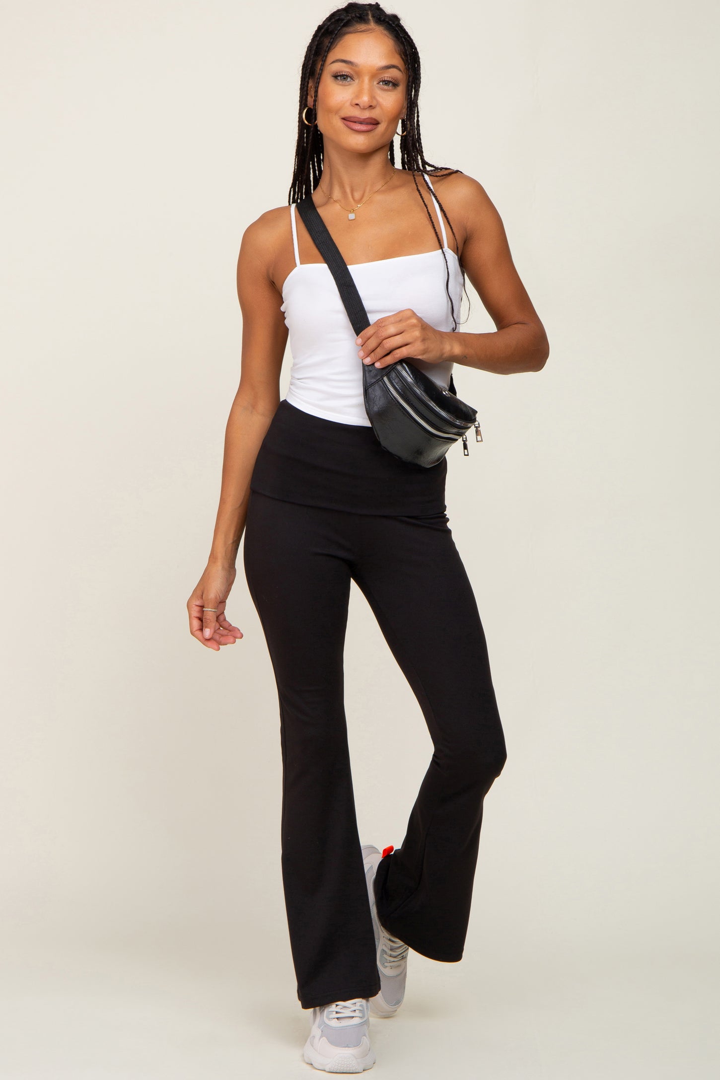 Petite Black Knitted Fold Over Flared Pants