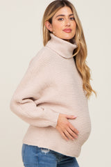 Beige Ribbed Turtleneck Cropped Maternity Sweater