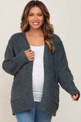 Olive Fuzzy Knit Front Pocket Maternity Cardigan