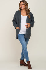 Olive Fuzzy Knit Front Pocket Maternity Cardigan