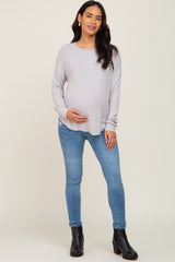 Heather Grey Brushed Knit Ribbed Long Sleeve Maternity Top