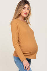 Camel Ribbed Basic Long Sleeve Maternity Top