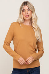 Camel Ribbed Basic Long Sleeve Maternity Top