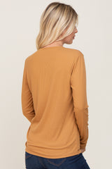 Camel Ribbed Basic Long Sleeve Top