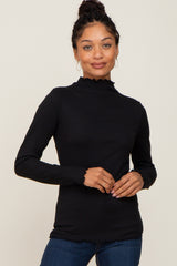 Black Ribbed Mock Neck Lettuce Trim Maternity Long Sleeve Top