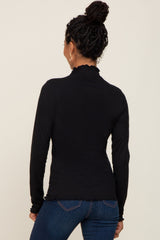 Black Ribbed Mock Neck Lettuce Trim Long Sleeve Top