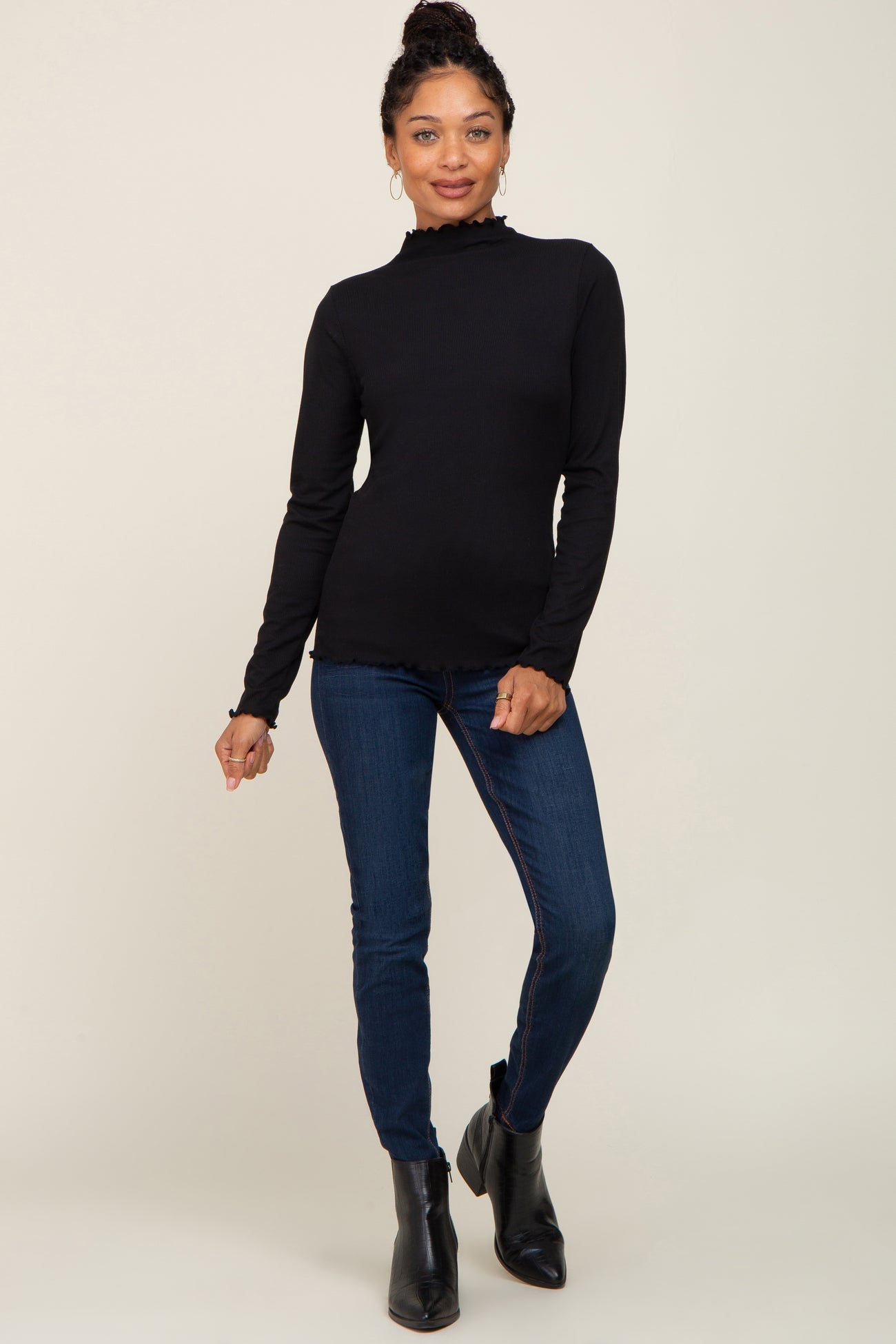 Black Ribbed Mock Neck Lettuce Trim Long Sleeve Top– PinkBlush