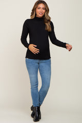 Black Ribbed Mock Neck Lettuce Trim Maternity Long Sleeve Top